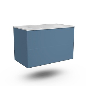 MEUBLE FREGATE 140CM BLEU MAHONIA VELOURS DOUBLE VASQUE